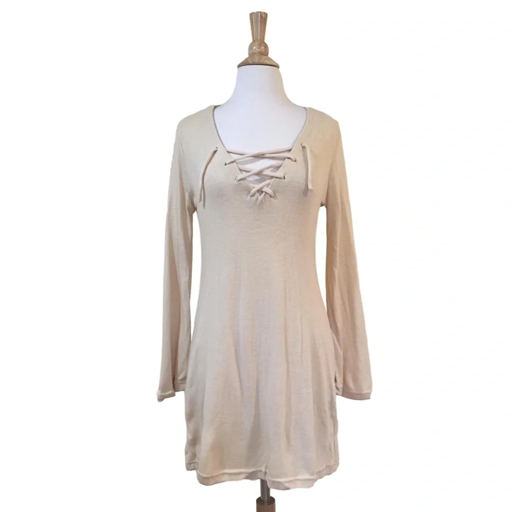 Lace Up V Neck Bell Sleeve Knit Sweater Dress Sand Beige - Picture 1 of 4